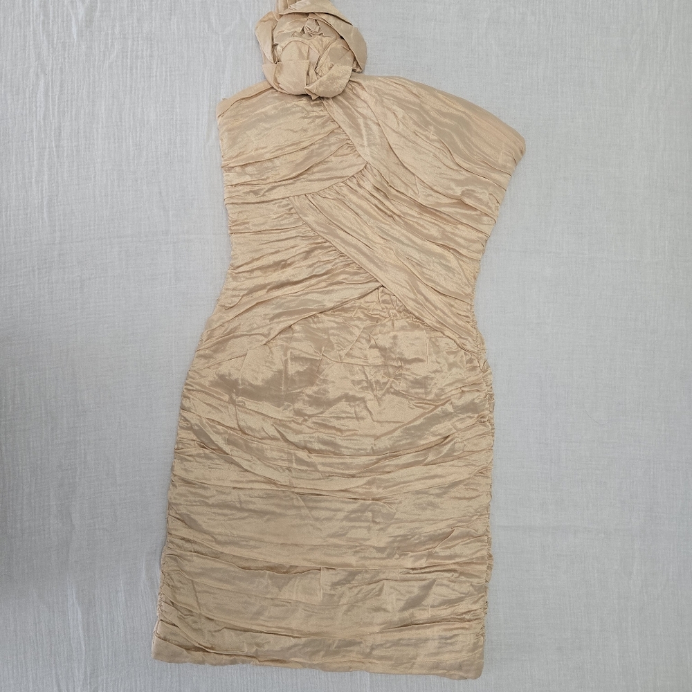BCBGMAXAZRIA Women Anett One-Piece Shoulder Rushed Shiny Champagne Mini Dress 06